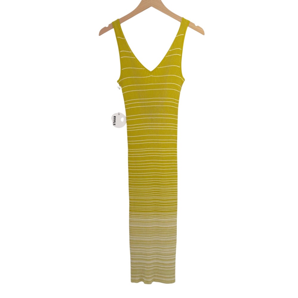 NWT STAUD Dana Dress Pollen White Striped Ribbed Knit V-Neck Midi Size S